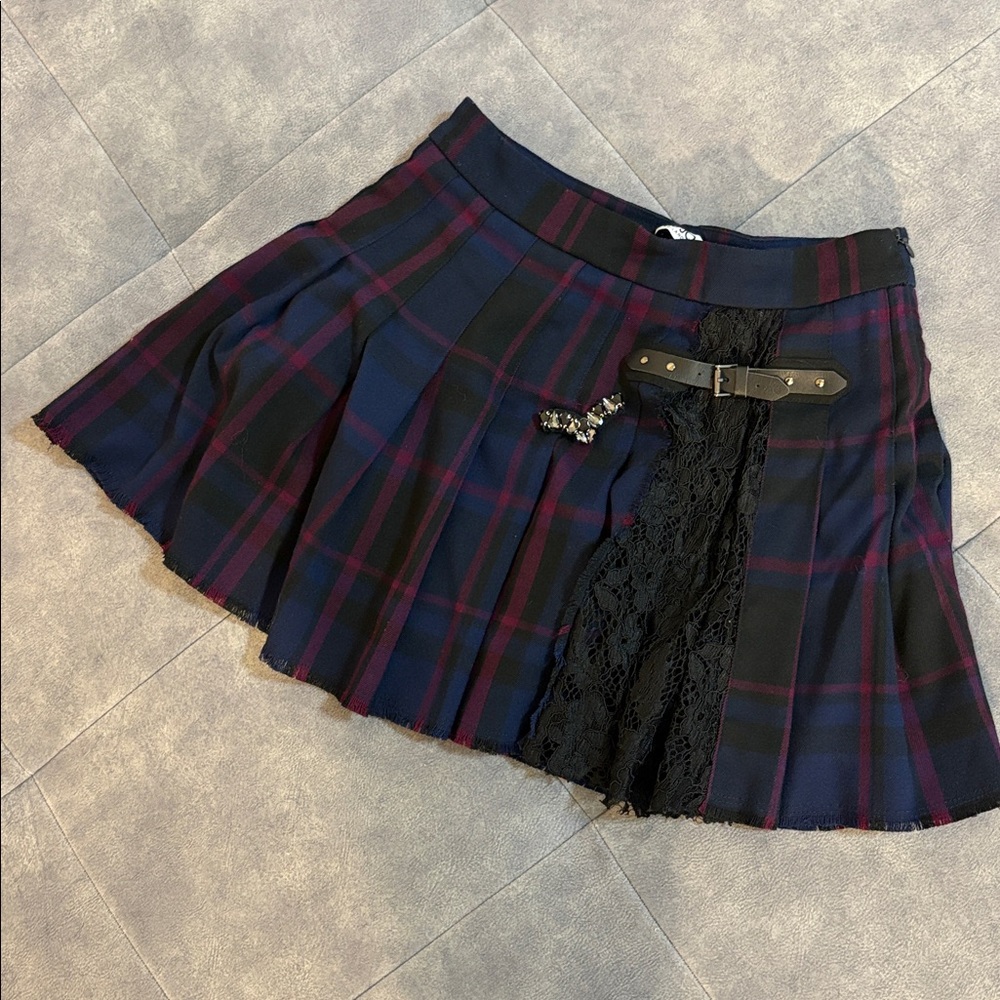 Liu Jo Navy and Red Plaid Mini Skirt with Lace